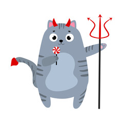 Halloween cat. Cute cat in a devil costume. Halloween holiday. Cat with horns and pitchfork. Hand drawn vector illustration. Flat design. Idea for printed products, greeting cards. 