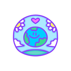 Cute earth planet emblem, illustration for t-shirt, sticker, or apparel merchandise. With doodle, retro, groovy, and cartoon style.