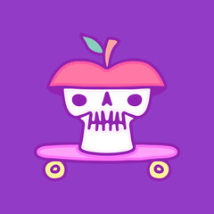 Skull head wearing apple hat on skateboard, illustration for t-shirt, sticker, or apparel merchandise. With doodle, retro, groovy, and cartoon style.