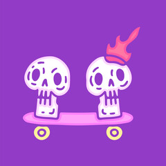 Skulls on skateboard, illustration for t-shirt, sticker, or apparel merchandise. With doodle, retro, groovy, and cartoon style.