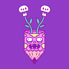 Zombie pencil with skulls plant inside, illustration for t-shirt, sticker, or apparel merchandise. With doodle, retro, groovy, and cartoon style.