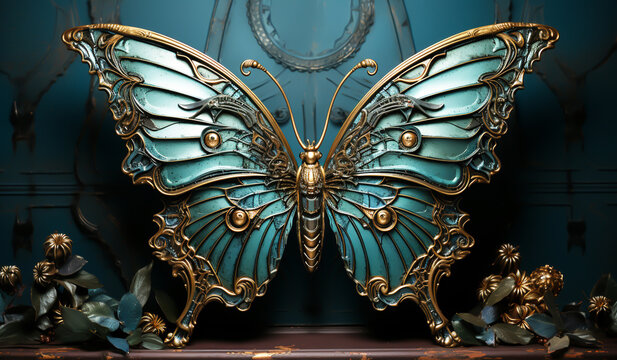 Fototapeta Fantasy turquoise and gold butterfly sculpture. AI generator