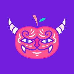 Cool devil apple fruit character, illustration for t-shirt, sticker, or apparel merchandise. With doodle, retro, groovy, and cartoon style.