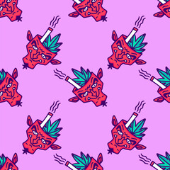 Devil with weed and cannabis leaf, on pink background seamless pattern. Modern vintage, pop art style seamless pattern concept.