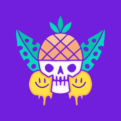 Skull wearing pineapple hat with leaf and melted smile face emoticon, illustration for t-shirt, sticker, or apparel merchandise. With doodle, retro, groovy, and cartoon style.