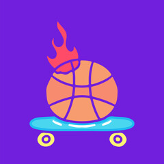 Burning basketball on skateboard, illustration for t-shirt, sticker, or apparel merchandise. With doodle, retro, groovy, and cartoon style.