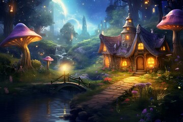 Image: enchanted houses, whimsical village, glowing fireflies. Generative AI