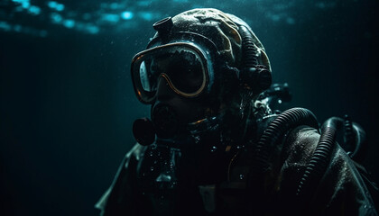 One person scuba diving underwater with military equipment and aqualung generated by AI