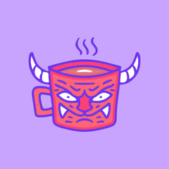 Devil coffee, illustration for t-shirt, sticker, or apparel merchandise. With doodle, retro, groovy, and cartoon style.