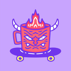 Burning devil glass on skateboard, illustration for t-shirt, sticker, or apparel merchandise. With doodle, retro, groovy, and cartoon style.