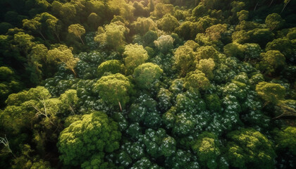 Green leaves on trees in a forest, a natural landscape generated by AI