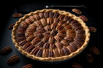 Pecan pie on black surface with pecans on side and top. Generative AI