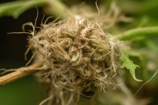Mature cannabis bud covered in hairs and leaves. Generative AI