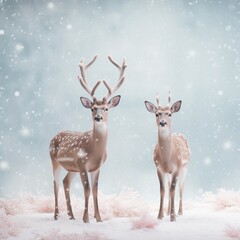 Naklejka na ściany i meble Christmas card with Christmas reindeer. Pastel colors. Winter snow. Generative AI