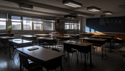Modern classroom with empty chairs and desks, steel and wood architecture generated by AI