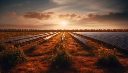 Sunset over rural farm, tranquil meadow back lit by sun generated by AI