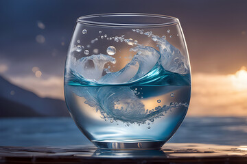 Der sprichwörtliche Sturm im Wasserglas , Glas vor Landschaft mit See - obrazy, fototapety, plakaty