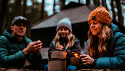 Fototapeta na wymiar A group of smiling Caucasians enjoying outdoor winter camping adventure generated by AI