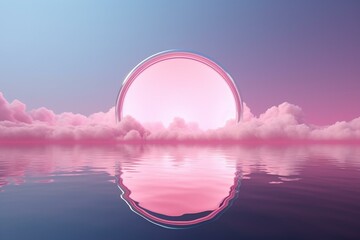 Abstract background with levitating pink cloud in bright neon arch, reflected in water. Minimal futuristic seascape. Generative AI