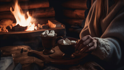 Cozy winter warmth hot drinks and burning firewood for relaxation generated by AI