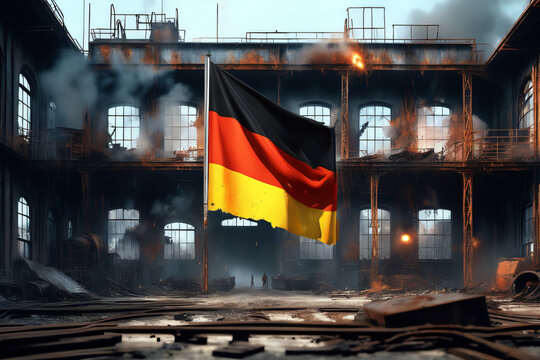 Alte Fabrik Geb&auml;ude im Verfall mit Deutschlandflagge