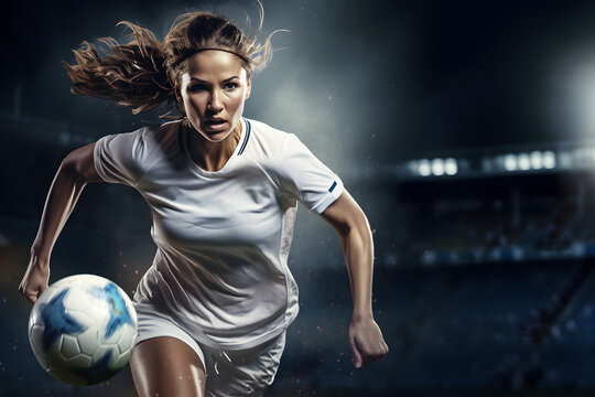 Woman soccer player in jersey playing football on field with the stadium is background, Full of determination and passion, Generative AI