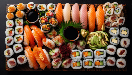 Gourmet seafood meal Maki sushi, nigiri, and California roll plate generated by AI