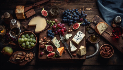 Fototapeta na wymiar Rustic table with gourmet snacks cheese, prosciutto, fig, bread, wine generated by AI