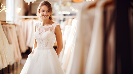 Fototapeta premium Bride shop wedding dress in bridal wedding store