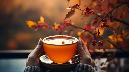 Naklejka na ściany i meble Morning Refreshment: One Person Enjoying a Hot Drink in Autumn