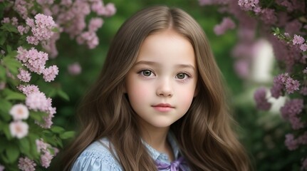 portrait of a young girl, highlighting her youthful charm. The setting is a lush spring garden, where her innocence shines through, generative AI
