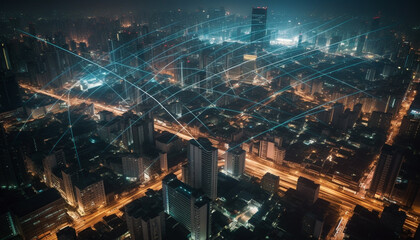 Fototapeta premium Glowing cityscape with skyscrapers and urban skyline at dusk generated by AI