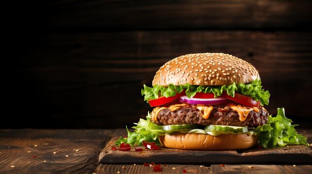 Burger on restaurant table background