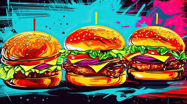 Naklejki Burger, fast food pop art collage style neon bold color