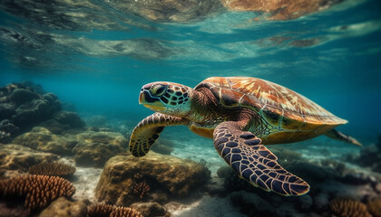 Fototapeta premium Underwater adventure Close up of endangered sea turtle in tropical reef generated by AI
