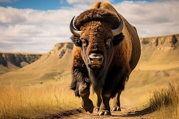 A bison in Theodore Roosevelt National Park, North Dakota Badlands. Generative AI - obrazy, fototapety, plakaty