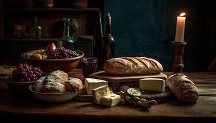 Rustic bread, gourmet cheese, fresh grapes, and wine on table generated by AI