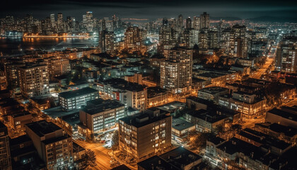 Illuminated skyscrapers light up the crowded city streets at dusk generated by AI