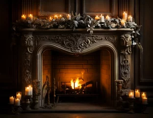 Muurstickers Cozy fireplace ambiance with flickering candles, © NE97