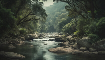 Naklejka na ściany i meble Tranquil tropical rainforest landscape with flowing water and green foliage generated by AI