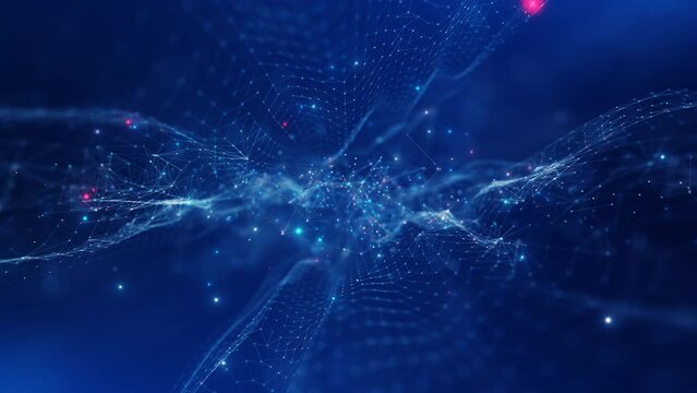 Abstract technology connected internet network with polygonal multicolored dots and lines with dark blue background. Digital cybersecurity protection and big data visualization. internet of things.