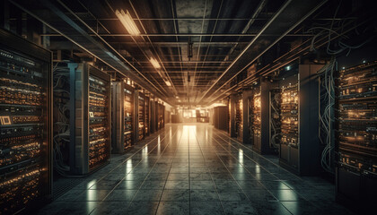 Inside a modern warehouse, technology illuminates the shelves in rows generated by AI