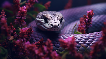 Poisonous snake in purple flowers.