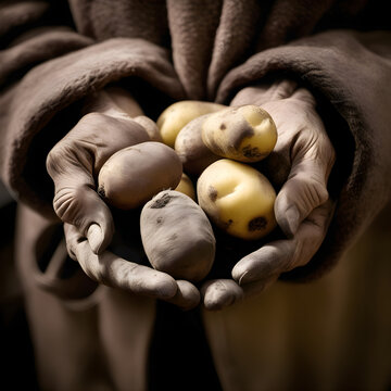 Closeup of male hands holding rotten potatoes to represent the Irish Potato Famine.
