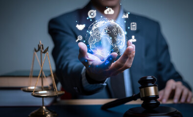 Justice lawyers with Judge gavel, Businessman in suit or lawyer Hiring lawyers in the digital...