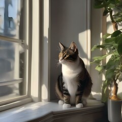 A photorealistic painting of a cat sitting on a windowsill1