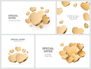 Composition of golden hearts. Poster design for Valentine's Day or a gift for a loved one. Promotion poster horizontal design template. Vector illustration