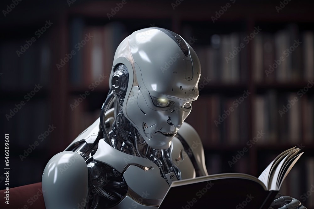Poster a futuristic cyborg with the ability to read and acquire knowledge, bridging the gap between artific