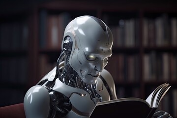 Naklejka premium A futuristic cyborg with the ability to read and acquire knowledge, bridging the gap between artificial intelligence and human learning.