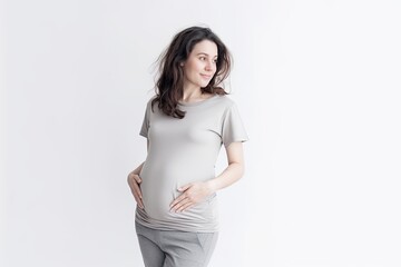Obraz premium A young, pregnant Caucasian woman, radiating beauty and happiness, eagerly anticipating the arrival of her child.
